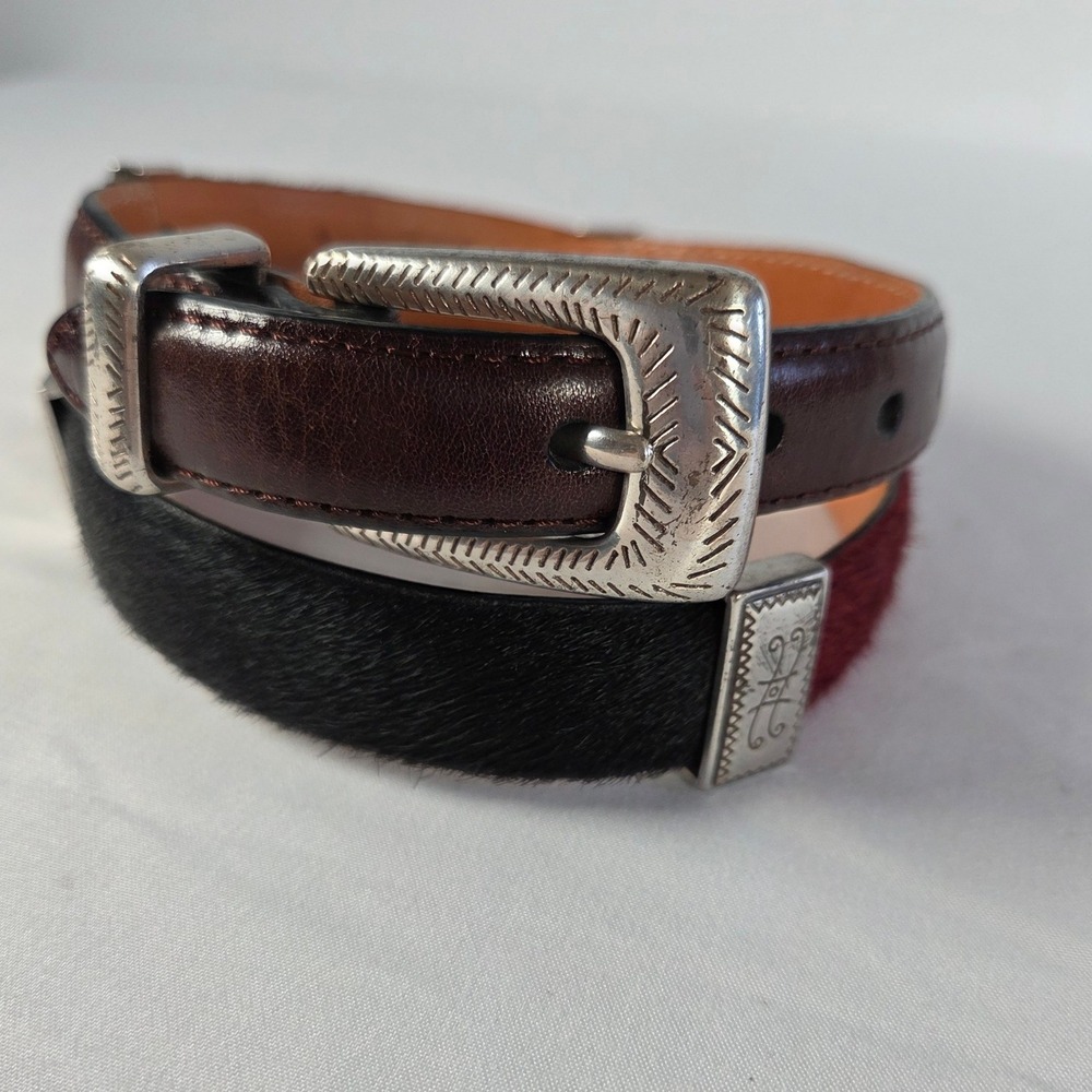 Brighton Western Calf Hair Leather Skinny Belt Brown Black Multi Silver Tone